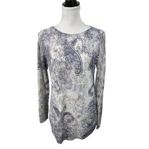 Chico's 1 Sweater Top Size M Purple & Silver Metallic Glittery Floral Paisley
